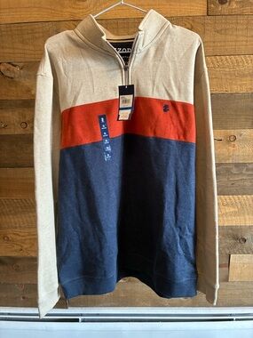 Izod Men’s Tan/Red/Navy Colorblock Quarter-Zip Sweater